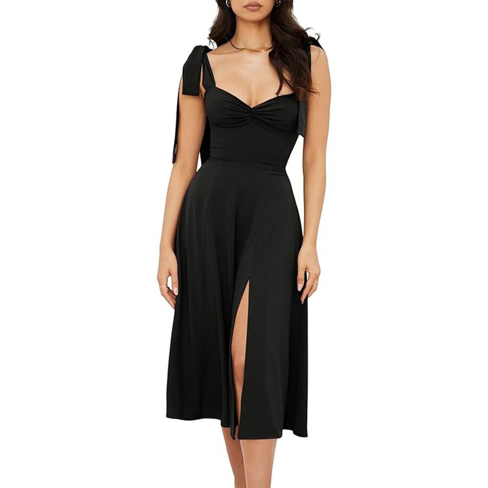 Amazon - Black Corset Dress Sweetheart Neckline Tie Strap Slit